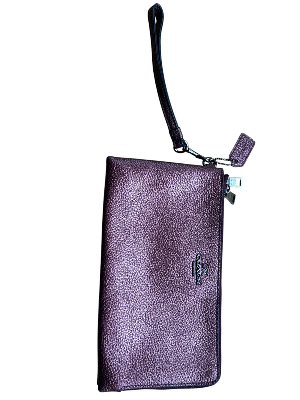 COACH Pebbled Leather Double Section Zip Wallet Metallic Plum Bronze Wristlet